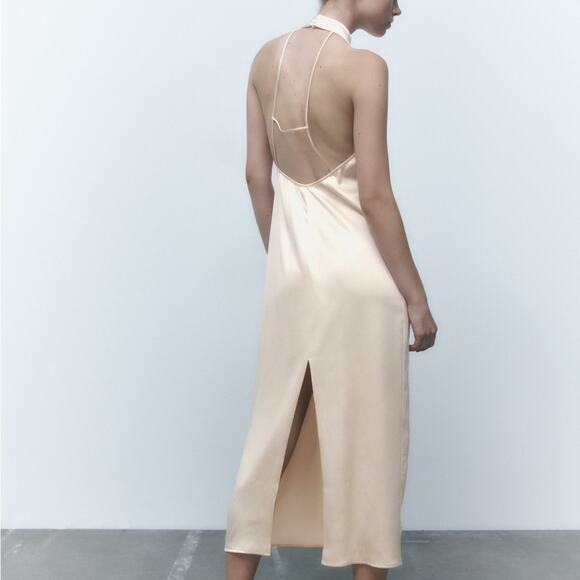ZARA SATIN EFFECT HALTER DRESS ECRU - Picture 9 of 12